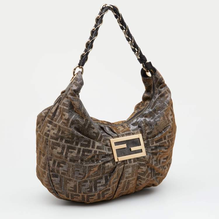 Pre Owned Fendi Metallic Zucca Lurex Fabric Mia Hobo