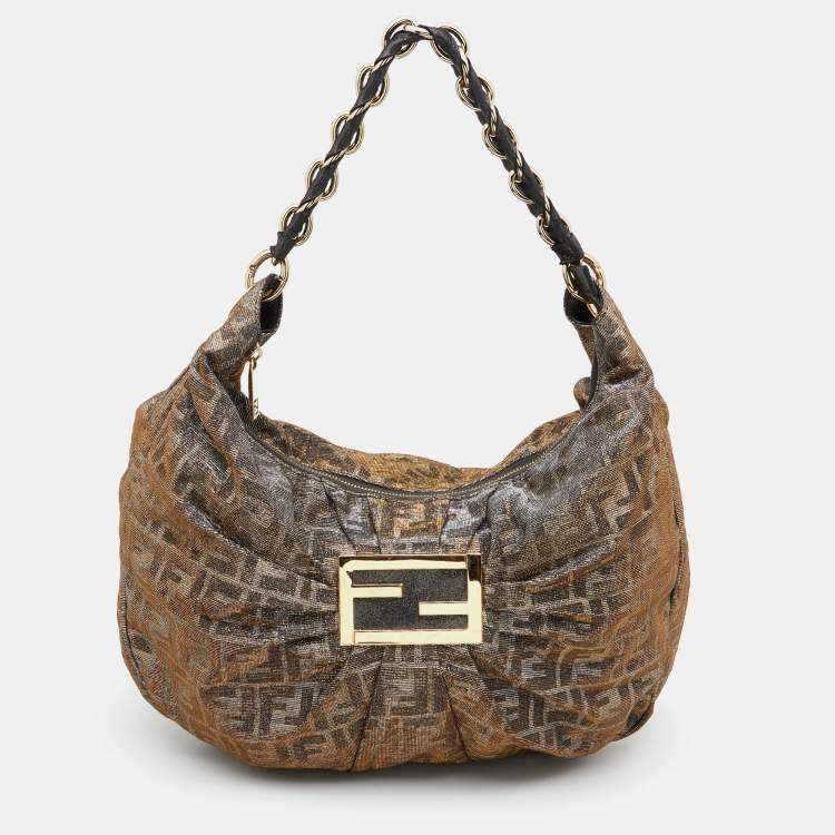Pre Owned Fendi Metallic Zucca Lurex Fabric Mia Hobo
