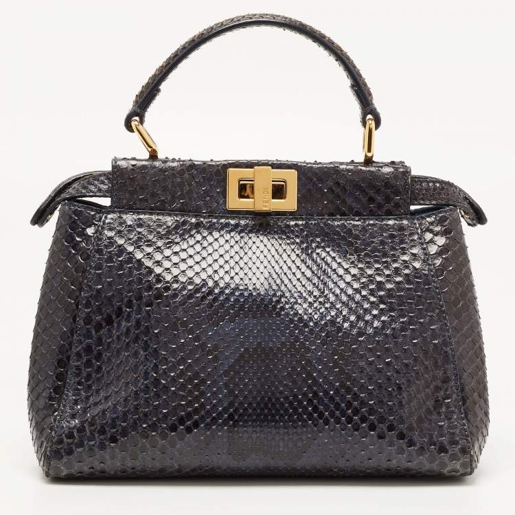 Pre Owned Fendi Navy Blue Python Mini Peekaboo Top Handle Bag