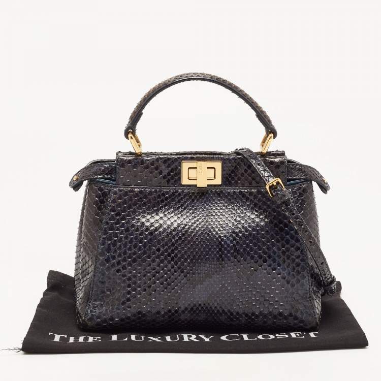 Pre Owned Fendi Navy Blue Python Mini Peekaboo Top Handle Bag