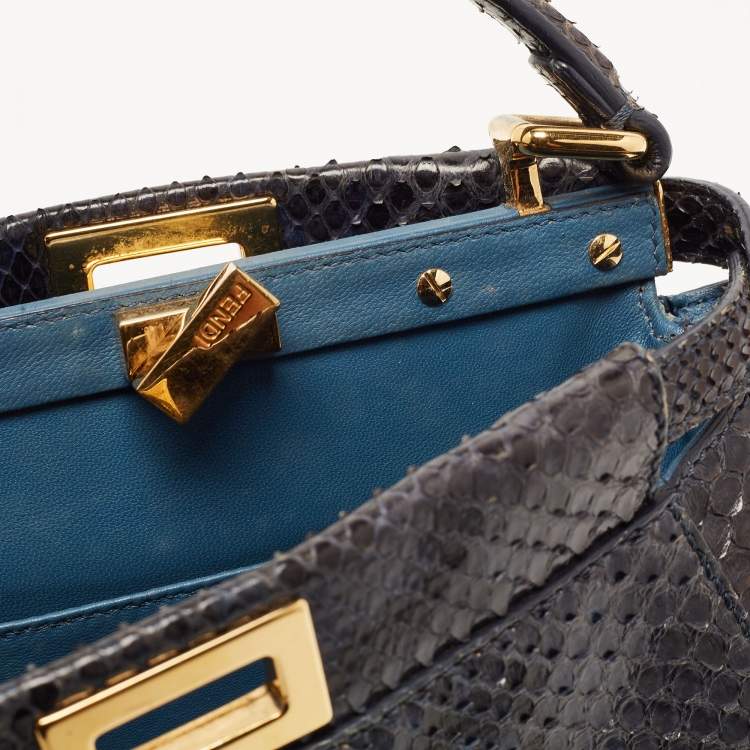 Pre Owned Fendi Navy Blue Python Mini Peekaboo Top Handle Bag