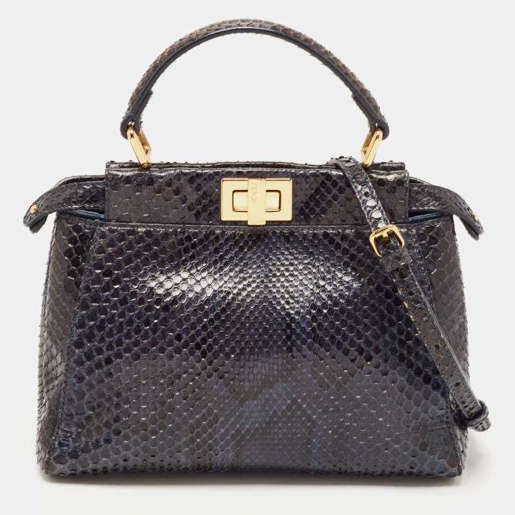 Pre Owned Fendi Navy Blue Python Mini Peekaboo Top Handle Bag