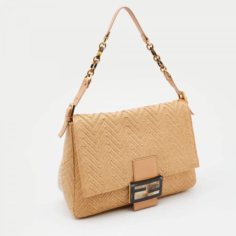 Pre Owned Fendi Beige Raffia and Leather Detail Mama Forever Shoulder Bag