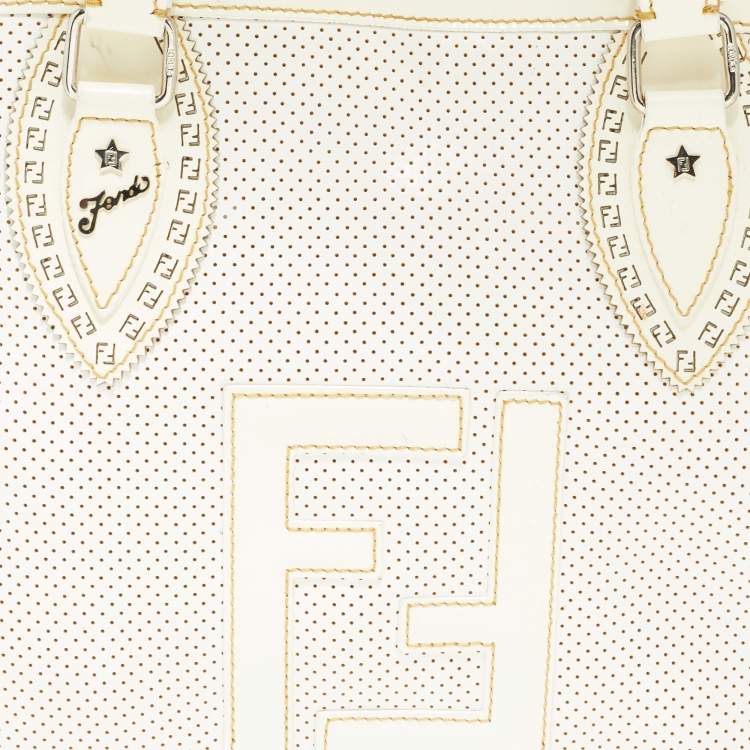 Pre Owned Fendi Off White Perforated Patent Leather Chef De Jour Bag