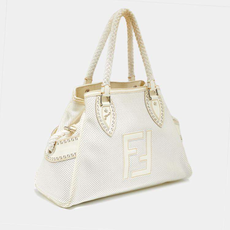 Pre Owned Fendi Off White Perforated Patent Leather Chef De Jour Bag