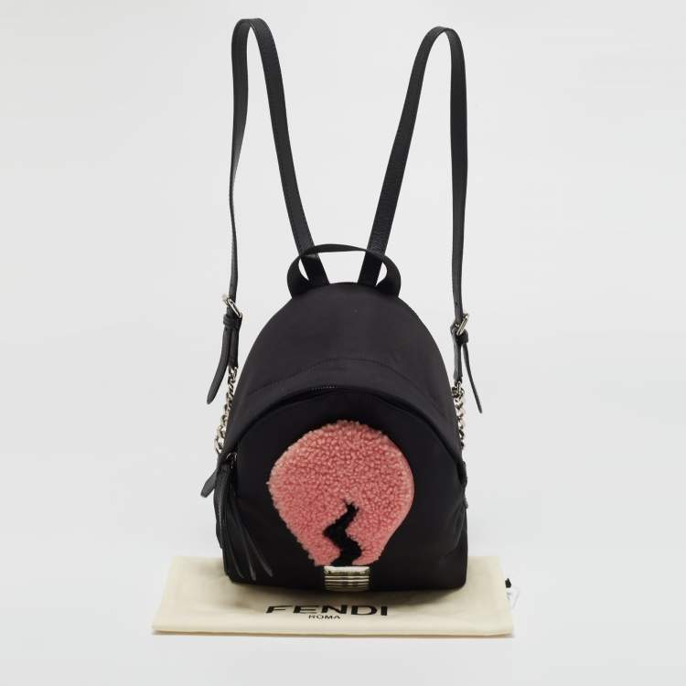 Pre Owned Fendi Black Nylon and Shearling Mini Dolce Lightbulb Backpack