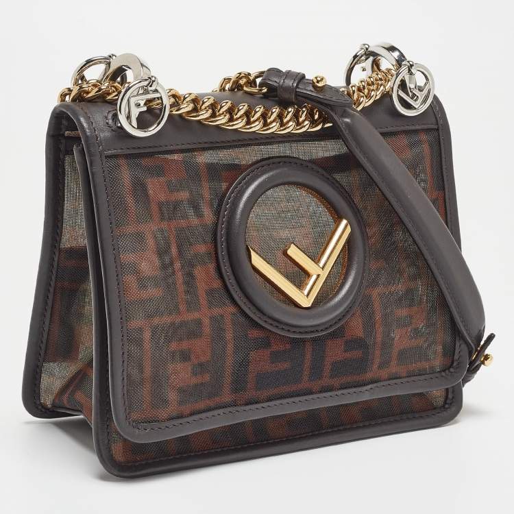 Pre Owned Fendi Black/Brown FF Mesh Nylon and Leather Mini Kan I Shoulder Bag