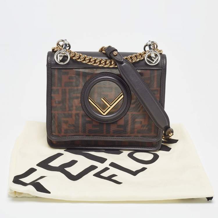 Pre Owned Fendi Black/Brown FF Mesh Nylon and Leather Mini Kan I Shoulder Bag