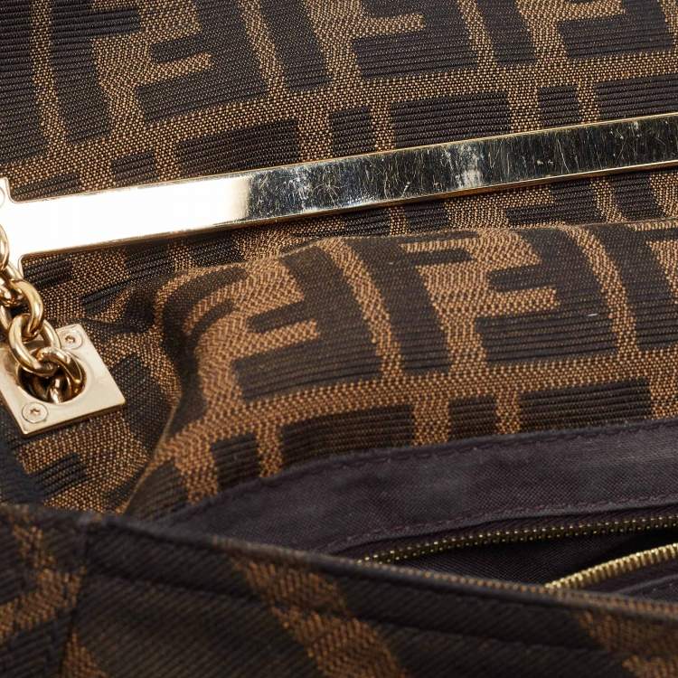 Pre Owned Fendi Tobacco Zucca Canvas and Leather Maxi Baguette Flap Shoulder Bag