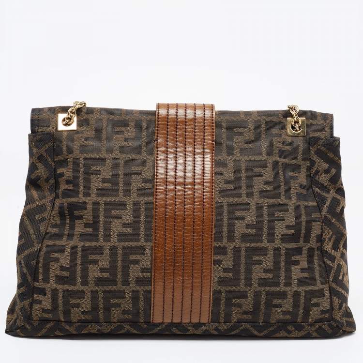 Pre Owned Fendi Tobacco Zucca Canvas and Leather Maxi Baguette Flap Shoulder Bag