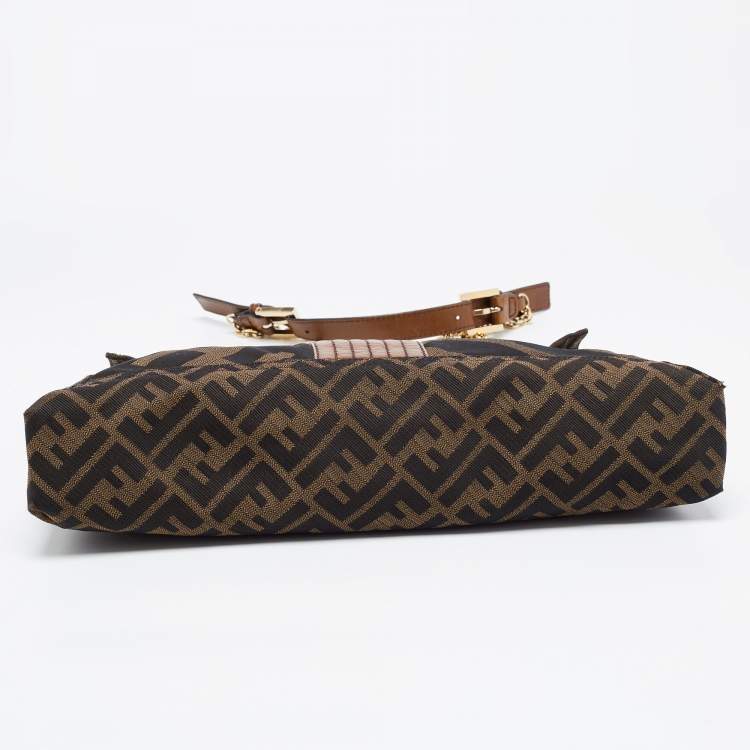 Pre Owned Fendi Tobacco Zucca Canvas and Leather Maxi Baguette Flap Shoulder Bag