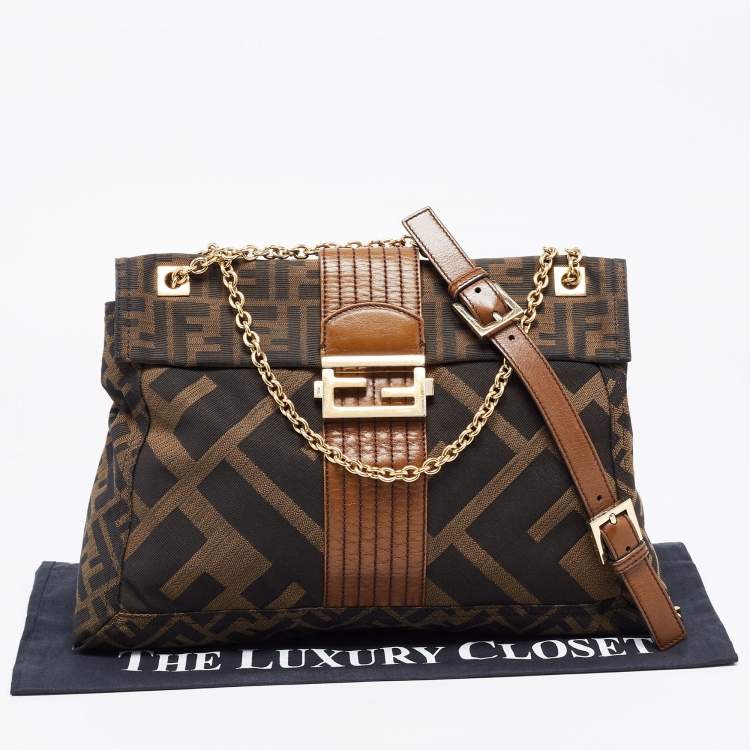 Pre Owned Fendi Tobacco Zucca Canvas and Leather Maxi Baguette Flap Shoulder Bag