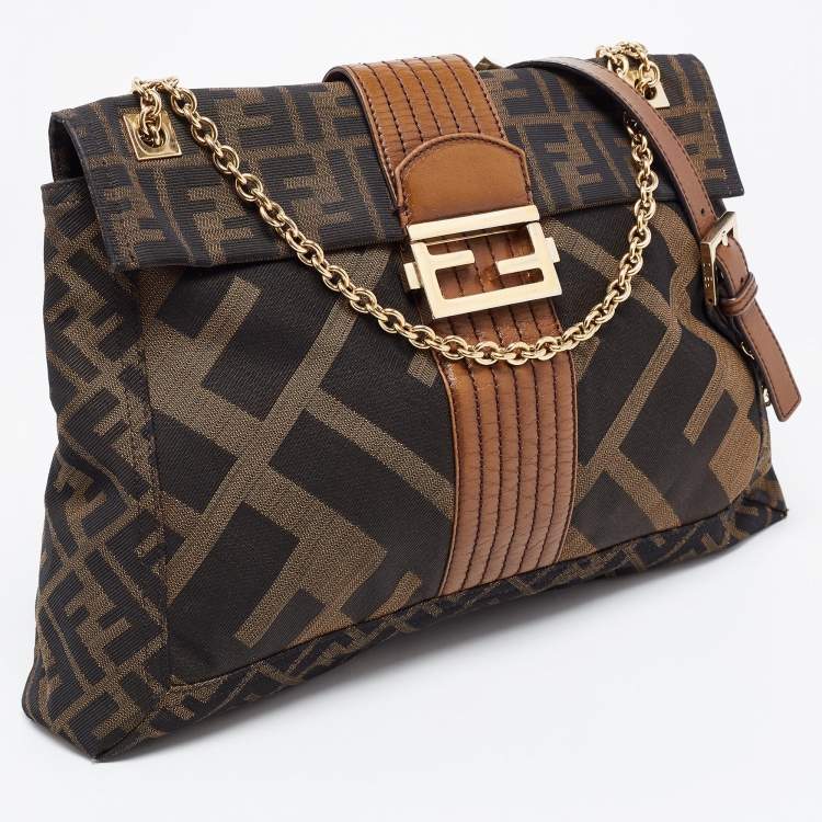 Pre Owned Fendi Tobacco Zucca Canvas and Leather Maxi Baguette Flap Shoulder Bag