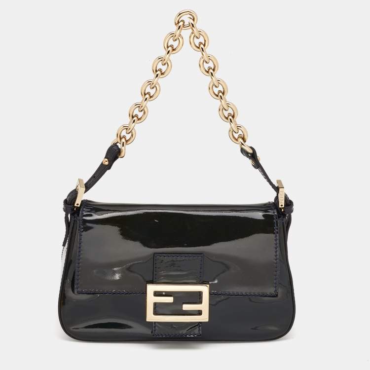 Pre Owned Fendi Blue Patent Leather Mama Chain Baguette Bag