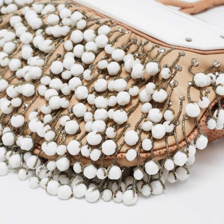 Pre Owned Fendi  Beige/White Leather and Lizard Beaded To You Clutch Bag