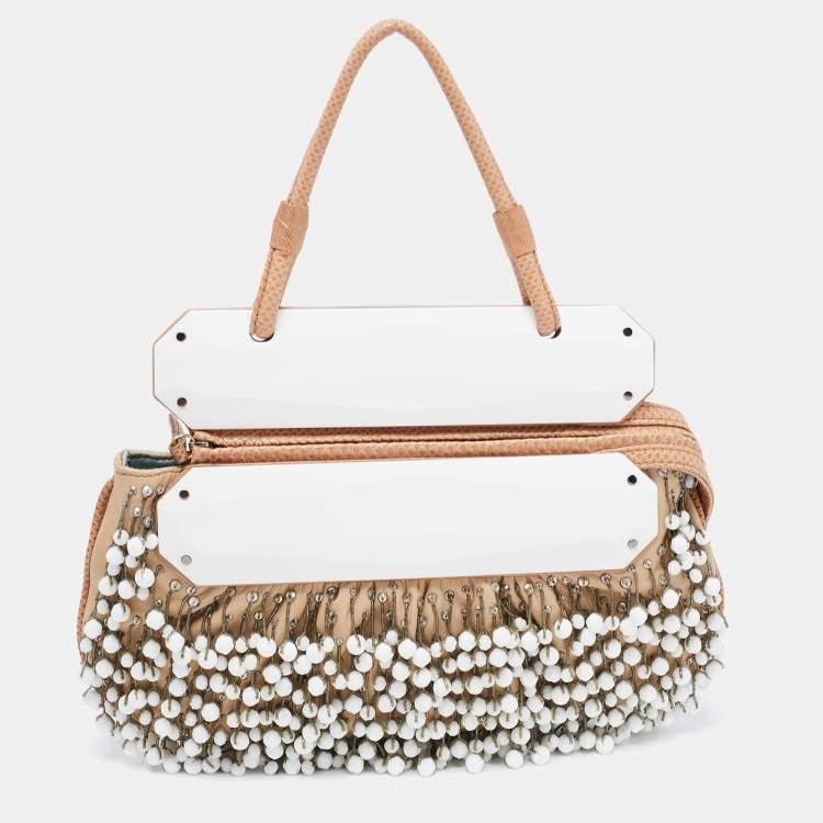 Pre Owned Fendi  Beige/White Leather and Lizard Beaded To You Clutch Bag