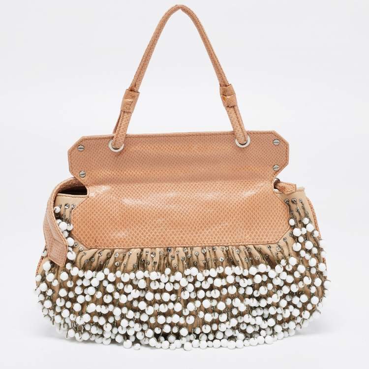 Pre Owned Fendi  Beige/White Leather and Lizard Beaded To You Clutch Bag