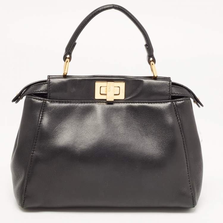 Pre Owned Fendi Black Leather Mini Peekaboo Top Handle Bag