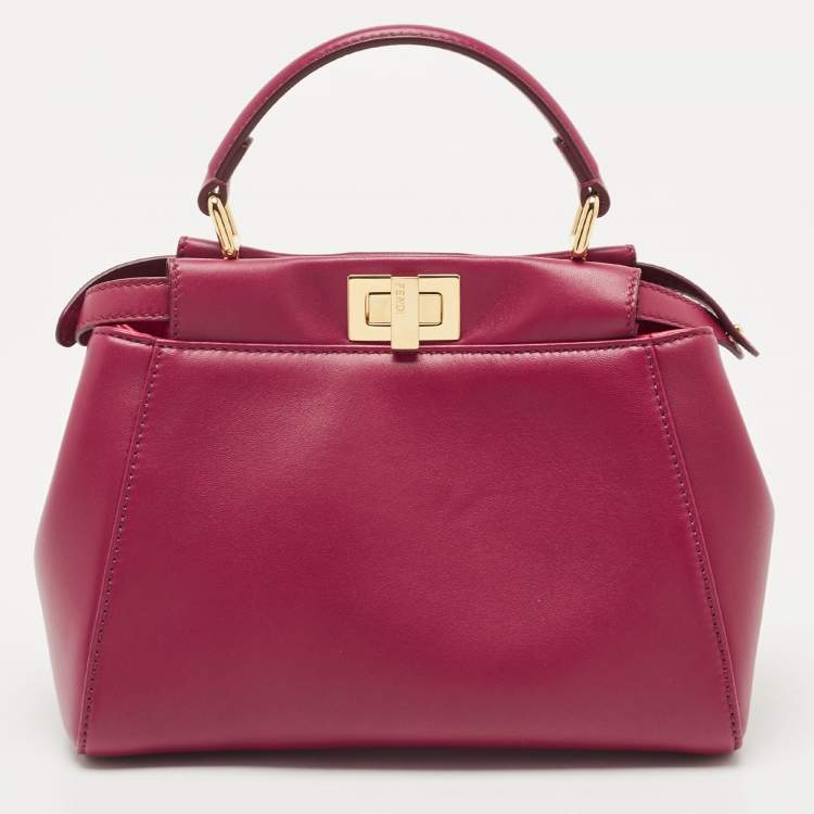 Pre Owned Fendi Dark Red Leather Mini Peekaboo Top Handle Bag