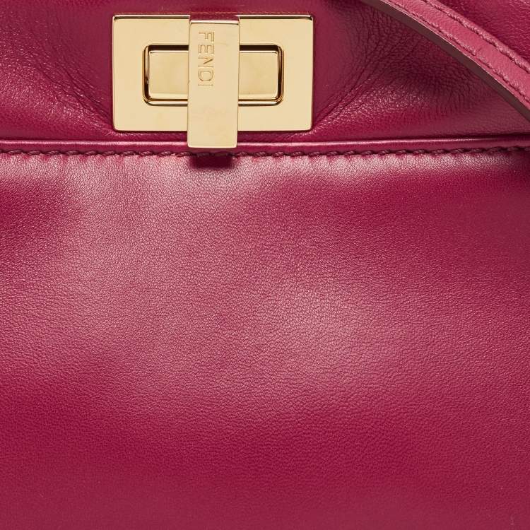 Pre Owned Fendi Dark Red Leather Mini Peekaboo Top Handle Bag