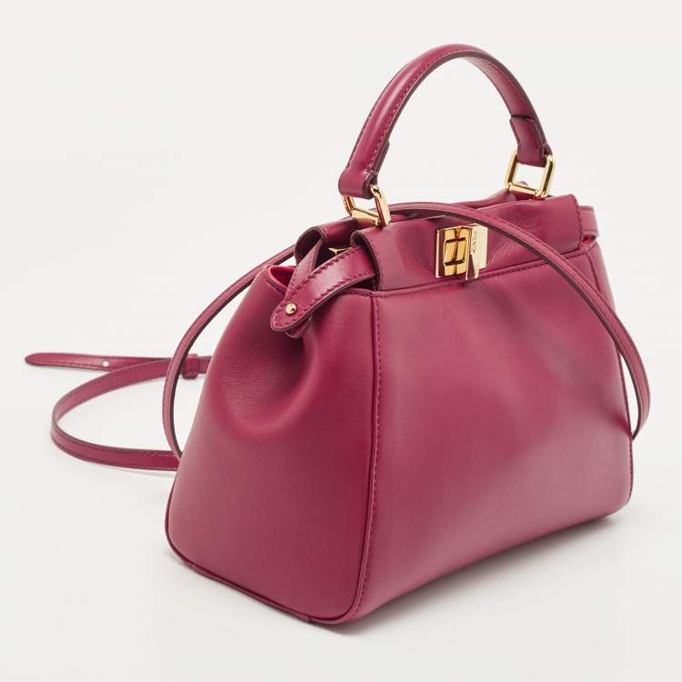 Pre Owned Fendi Dark Red Leather Mini Peekaboo Top Handle Bag