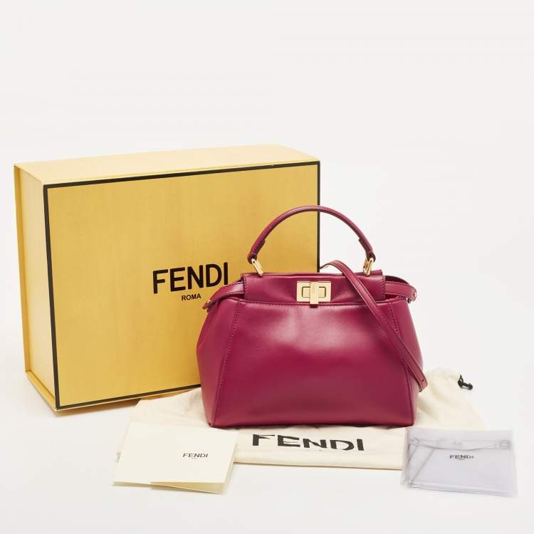 Pre Owned Fendi Dark Red Leather Mini Peekaboo Top Handle Bag