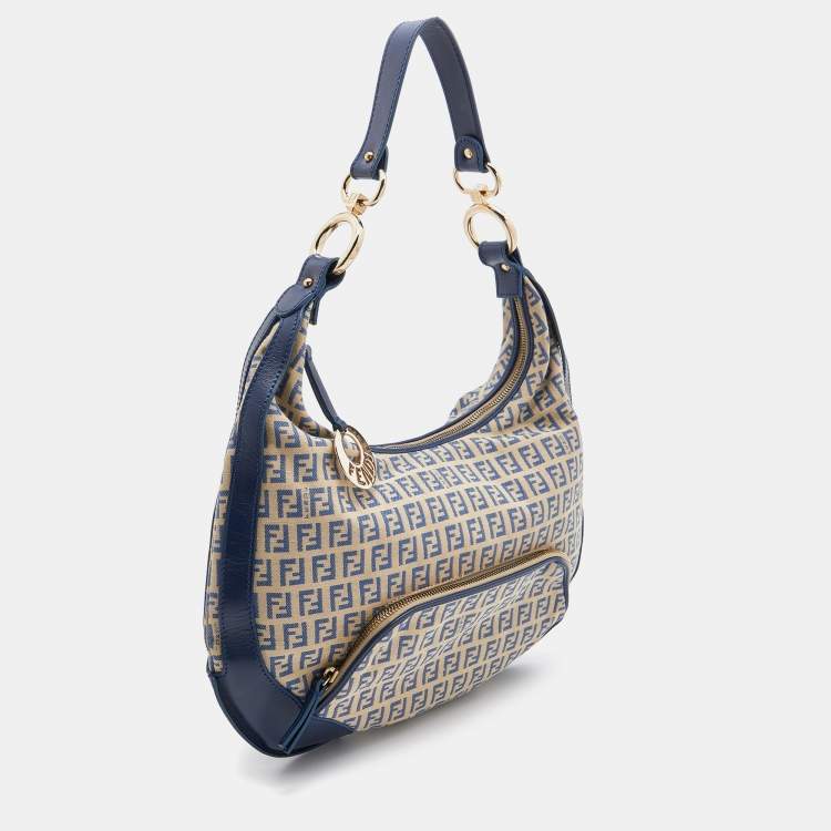 Pre Owned Fendi Beige/Blue Zucchino Canvas and Leather Pocket Chef Hobo