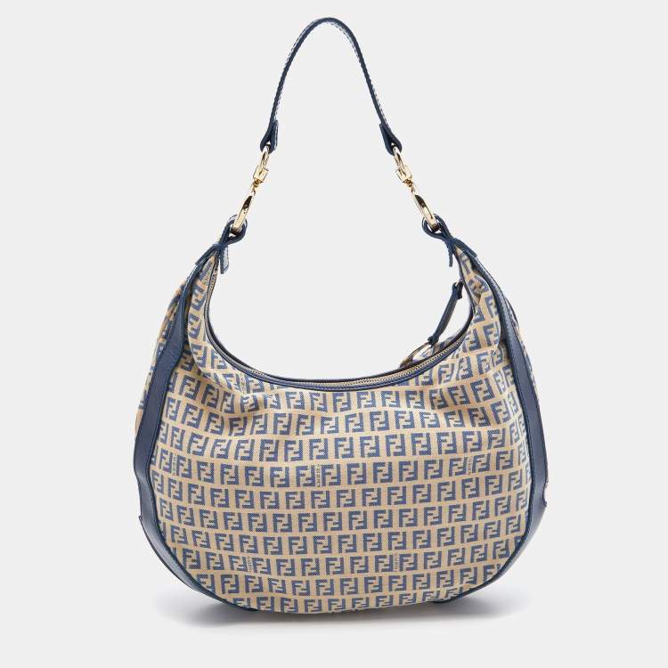 Pre Owned Fendi Beige/Blue Zucchino Canvas and Leather Pocket Chef Hobo