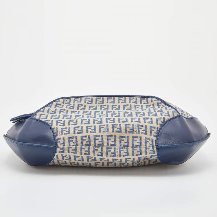 Pre Owned Fendi Beige/Blue Zucchino Canvas and Leather Pocket Chef Hobo