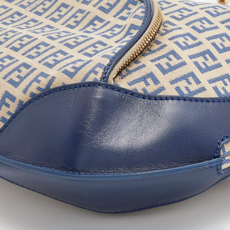 Pre Owned Fendi Beige/Blue Zucchino Canvas and Leather Pocket Chef Hobo