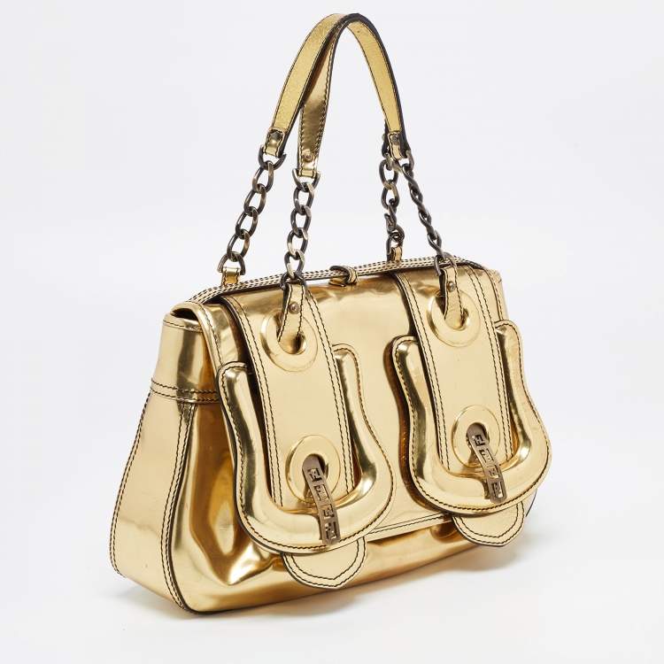 Pre Owned Fendi Gold Mirrored Leather B Shoulder Bag