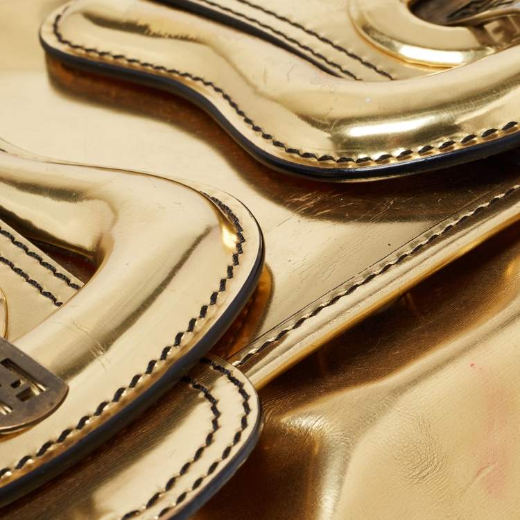 Pre Owned Fendi Gold Mirrored Leather B Shoulder Bag