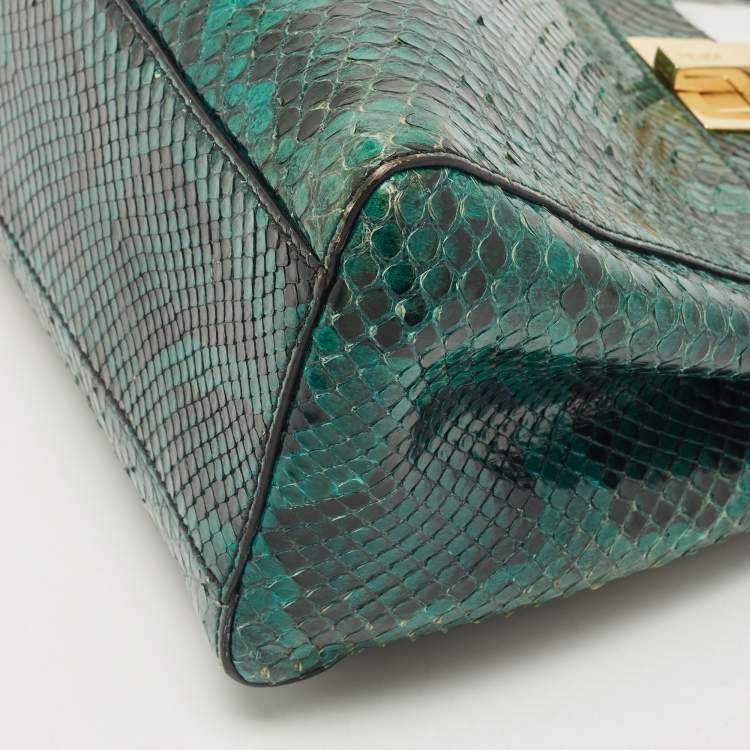 Pre Owned Fendi Green Python Mini Peekaboo Top Handle Bag