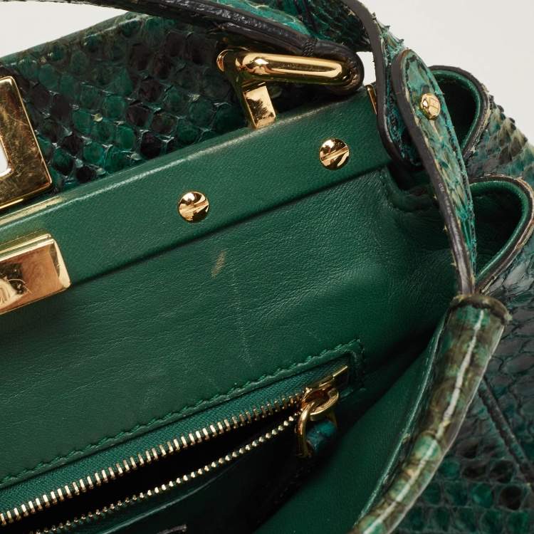 Pre Owned Fendi Green Python Mini Peekaboo Top Handle Bag