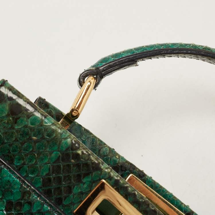 Pre Owned Fendi Green Python Mini Peekaboo Top Handle Bag