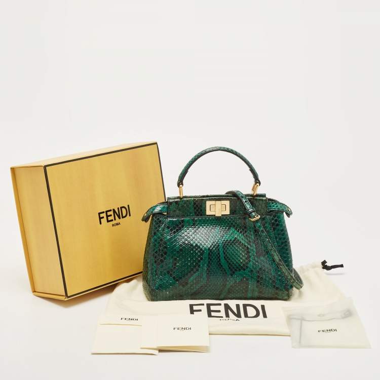 Pre Owned Fendi Green Python Mini Peekaboo Top Handle Bag