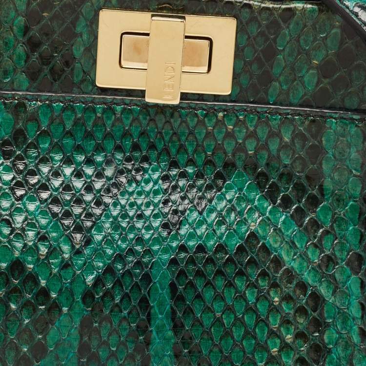 Pre Owned Fendi Green Python Mini Peekaboo Top Handle Bag