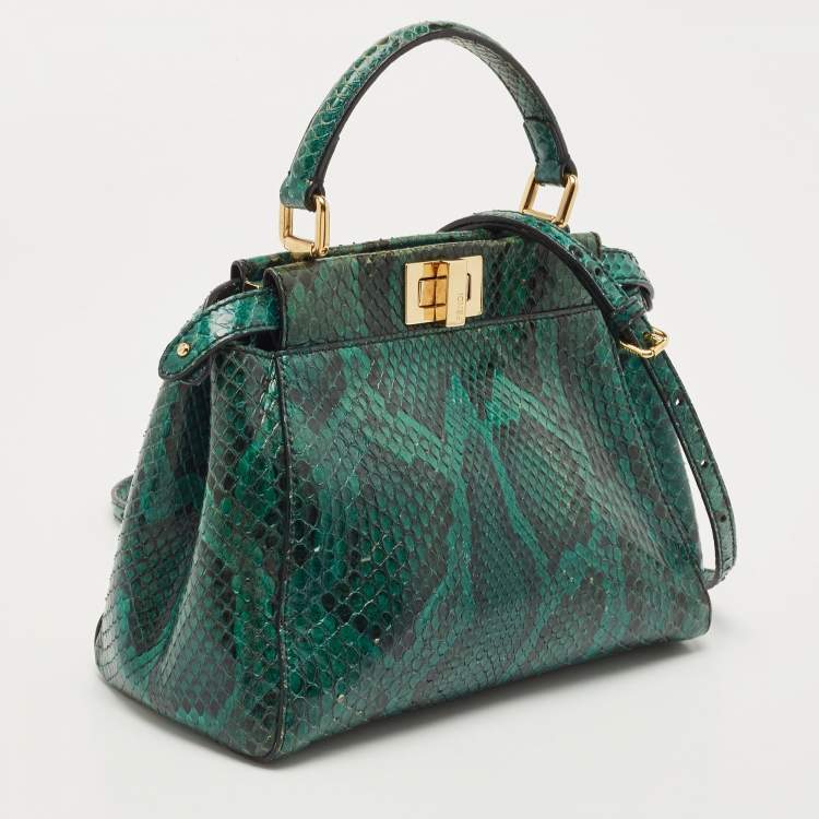 Pre Owned Fendi Green Python Mini Peekaboo Top Handle Bag