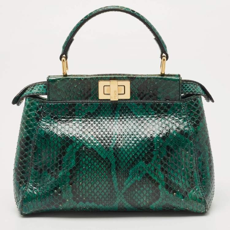 Pre Owned Fendi Green Python Mini Peekaboo Top Handle Bag