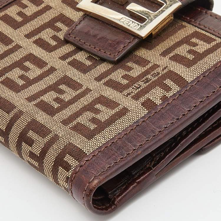 Pre Owned Fendi Beige/Brown Zucchino Canvas and Leather Compact Forever Flap Wallet