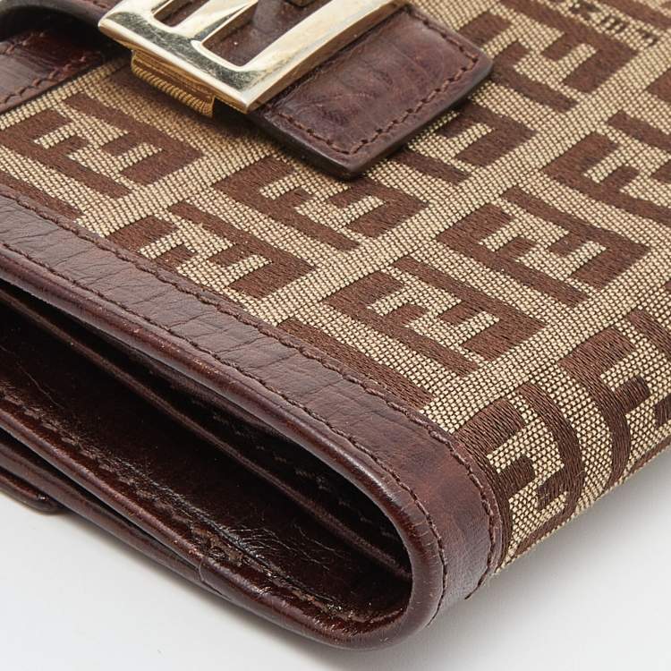 Pre Owned Fendi Beige/Brown Zucchino Canvas and Leather Compact Forever Flap Wallet