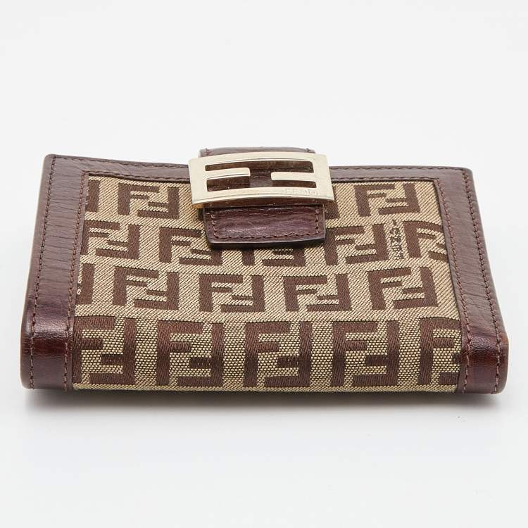Pre Owned Fendi Beige/Brown Zucchino Canvas and Leather Compact Forever Flap Wallet