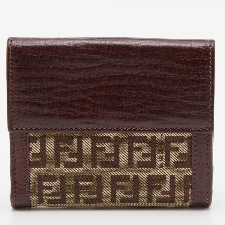 Pre Owned Fendi Beige/Brown Zucchino Canvas and Leather Compact Forever Flap Wallet