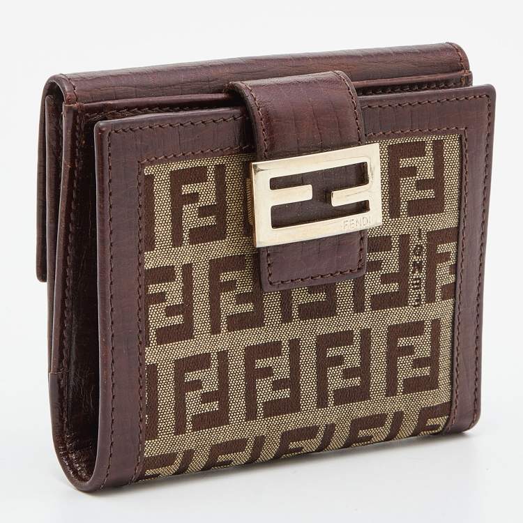 Pre Owned Fendi Beige/Brown Zucchino Canvas and Leather Compact Forever Flap Wallet