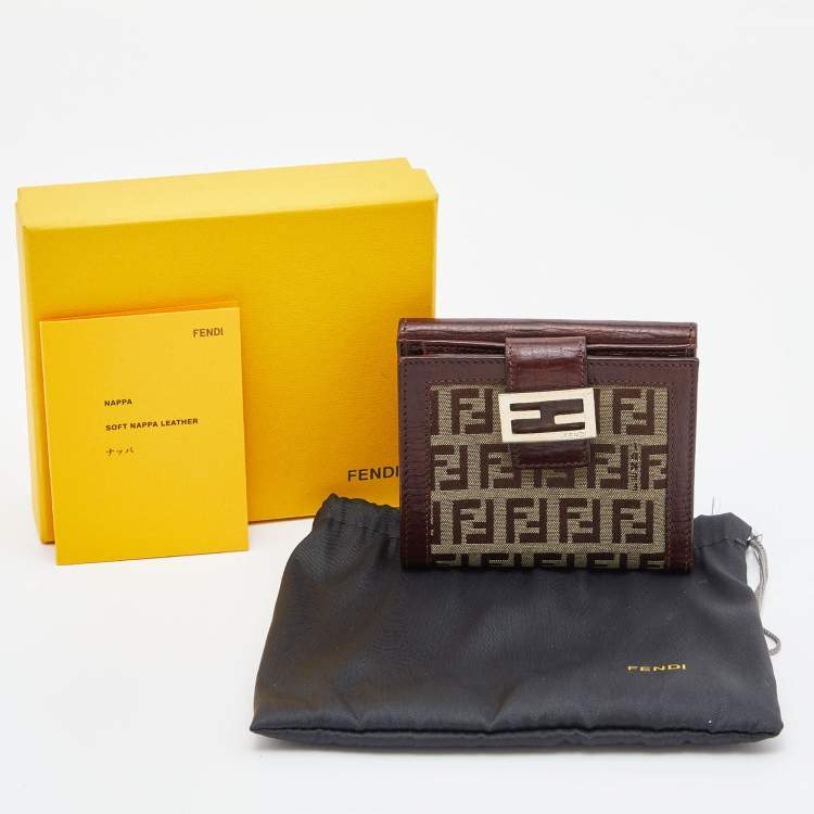 Pre Owned Fendi Beige/Brown Zucchino Canvas and Leather Compact Forever Flap Wallet