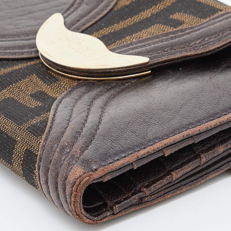 Pre Owned Fendi Beige/Brown Zucca Canvas and Leather Compact Wallet