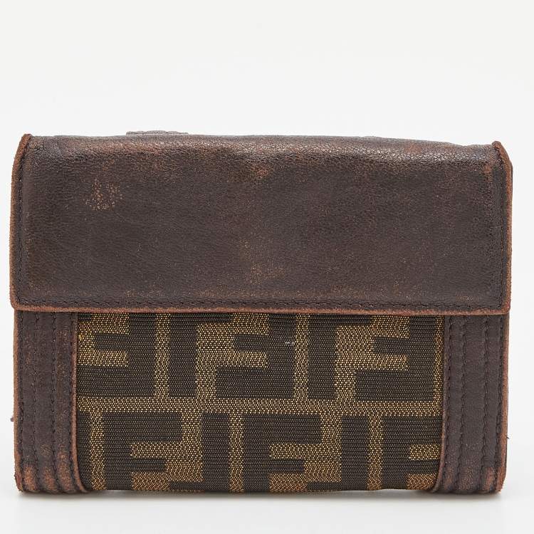 Pre Owned Fendi Beige/Brown Zucca Canvas and Leather Compact Wallet