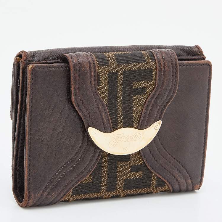 Pre Owned Fendi Beige/Brown Zucca Canvas and Leather Compact Wallet
