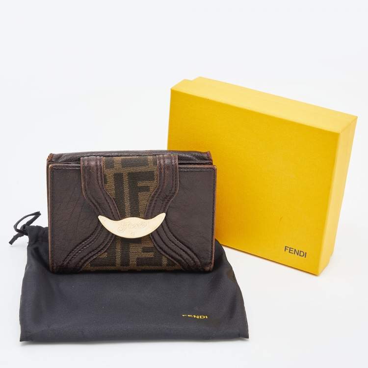 Pre Owned Fendi Beige/Brown Zucca Canvas and Leather Compact Wallet