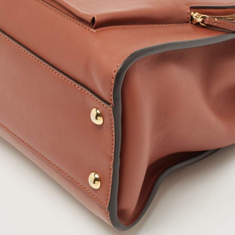 Pre Owned Fendi Dark Brown Leather Medium Pocket Peekaboo Top Handle Bag